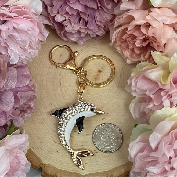 Black White & Gold Crystal Dolphin Charm Keychain - Picture 16 of 16